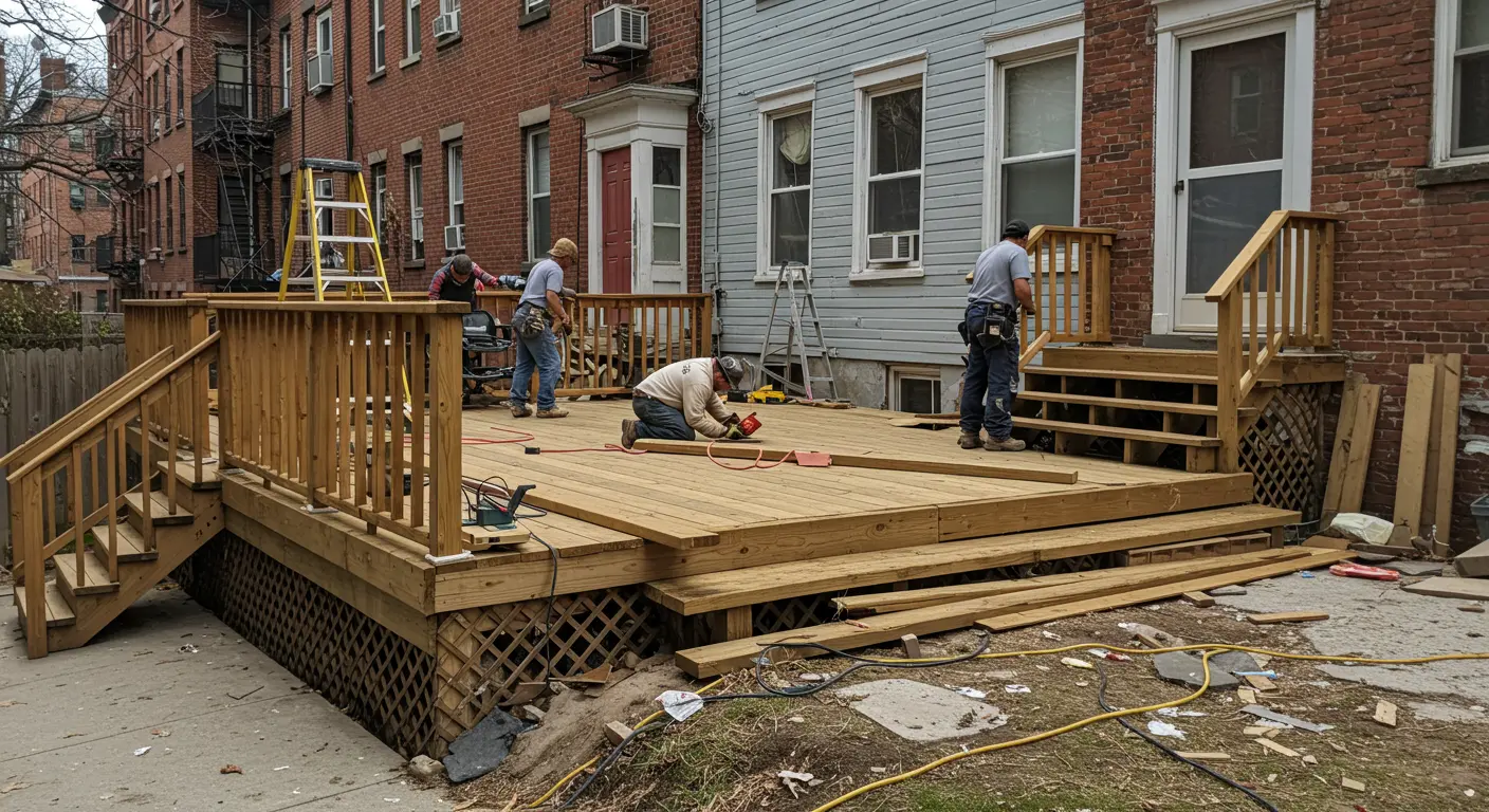 NYC Deck Builders - Backyard Wood Deck Construction in Brooklyn NYC contractors building a custom backyard deck in Brooklyn for residential project