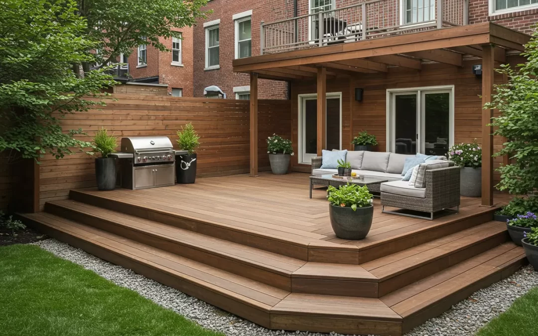 Background image of custom deck and paver patio outdoor space in New York City